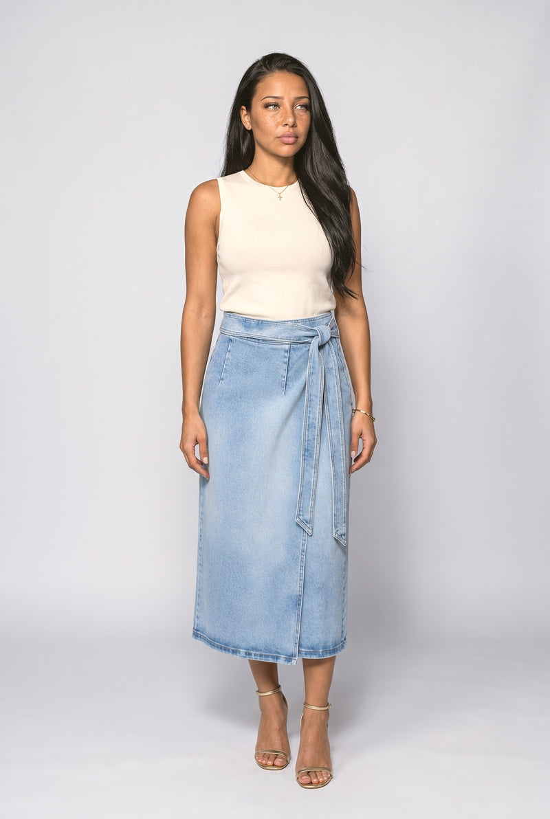 Denim Wrap Midi Skirt