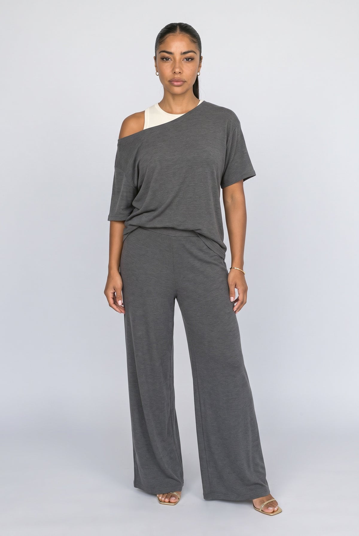 Off-Shoulder Asymmetric Wide Leg Pants