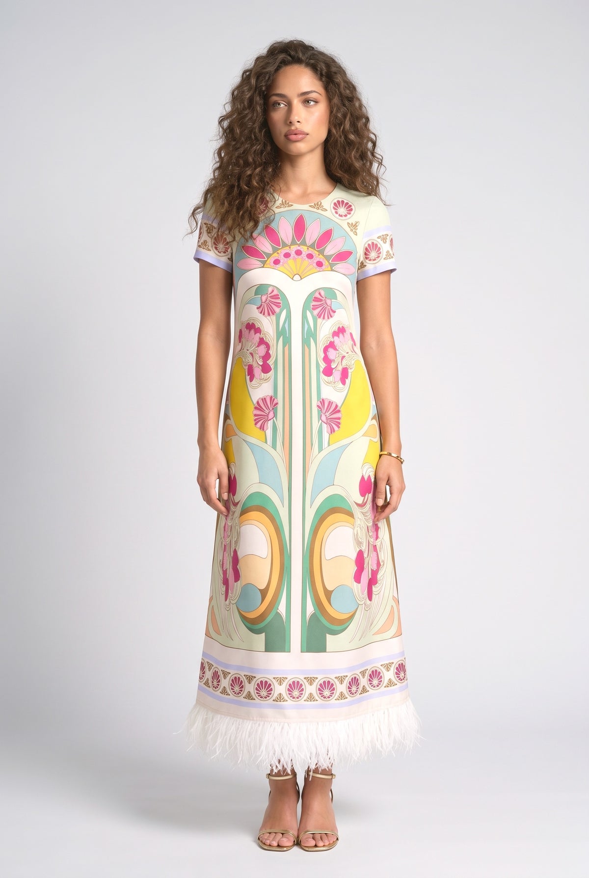 Floral Feather Trim Midi Dress