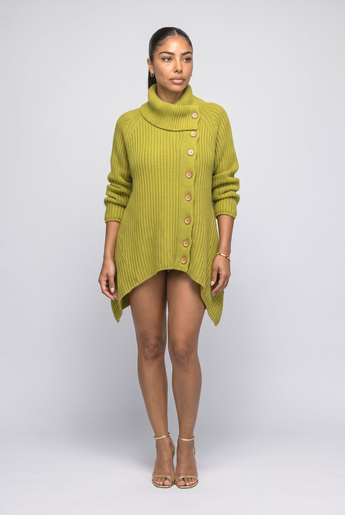 Green Knit High Neck Pullover Sweater, Chartreuse Green