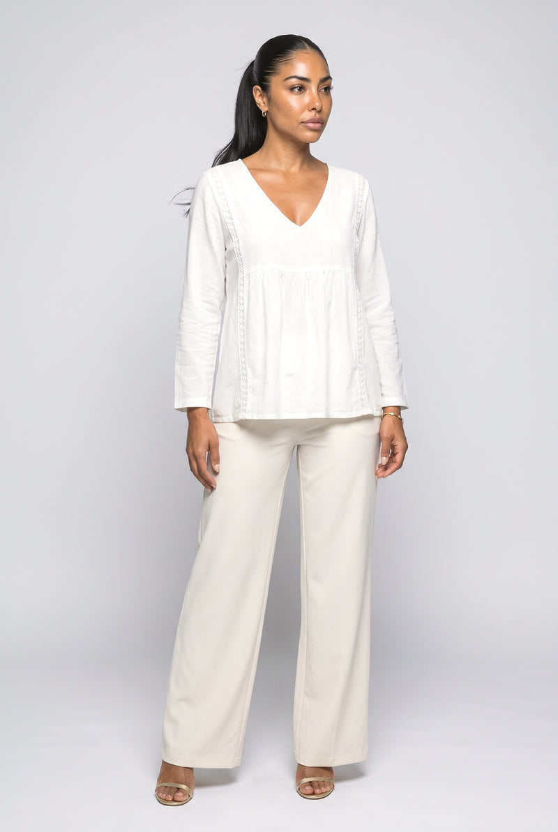 White Khaki V-Neck Long Sleeve Blouse