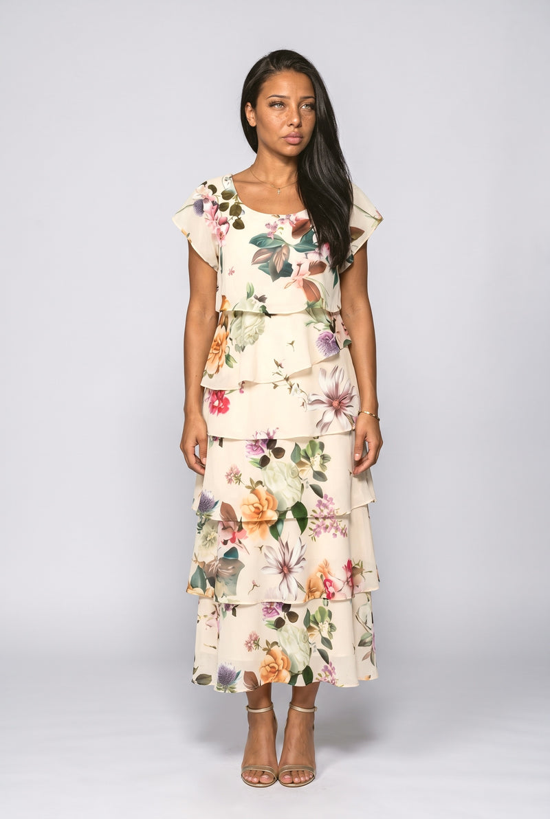Beige Floral Tiered Maxi Dress