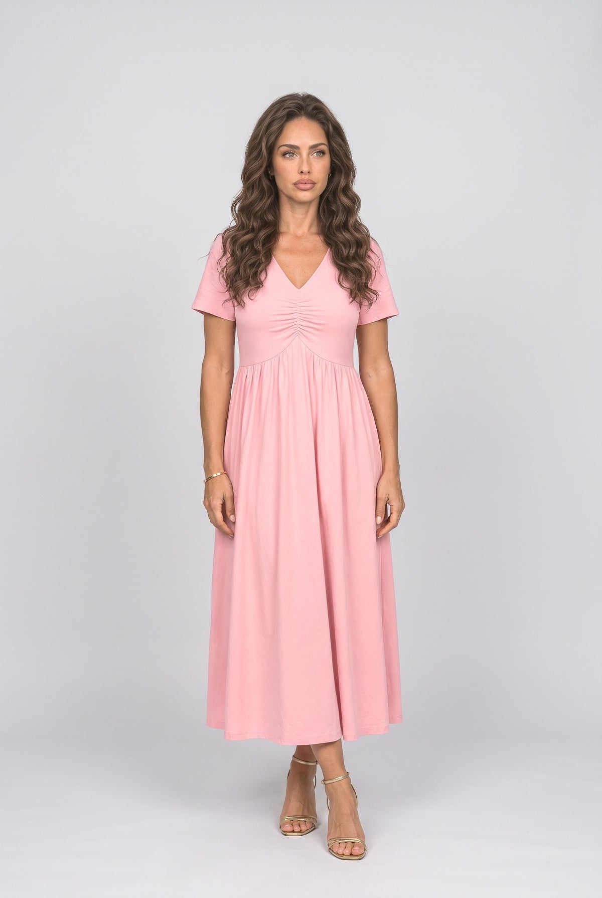 V-Neck Ruched Midi Dress