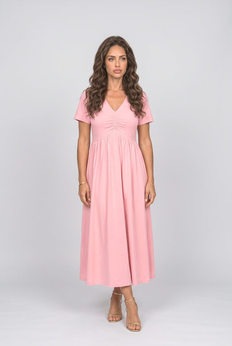 Blush Pink V-Neck Ruched Midi Dress