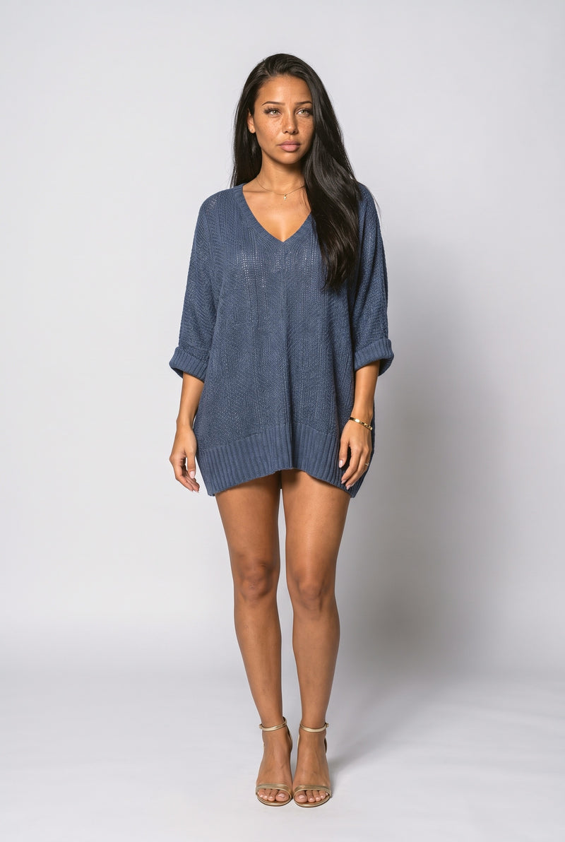 Blue Knit V-Neck Oversized Sweater