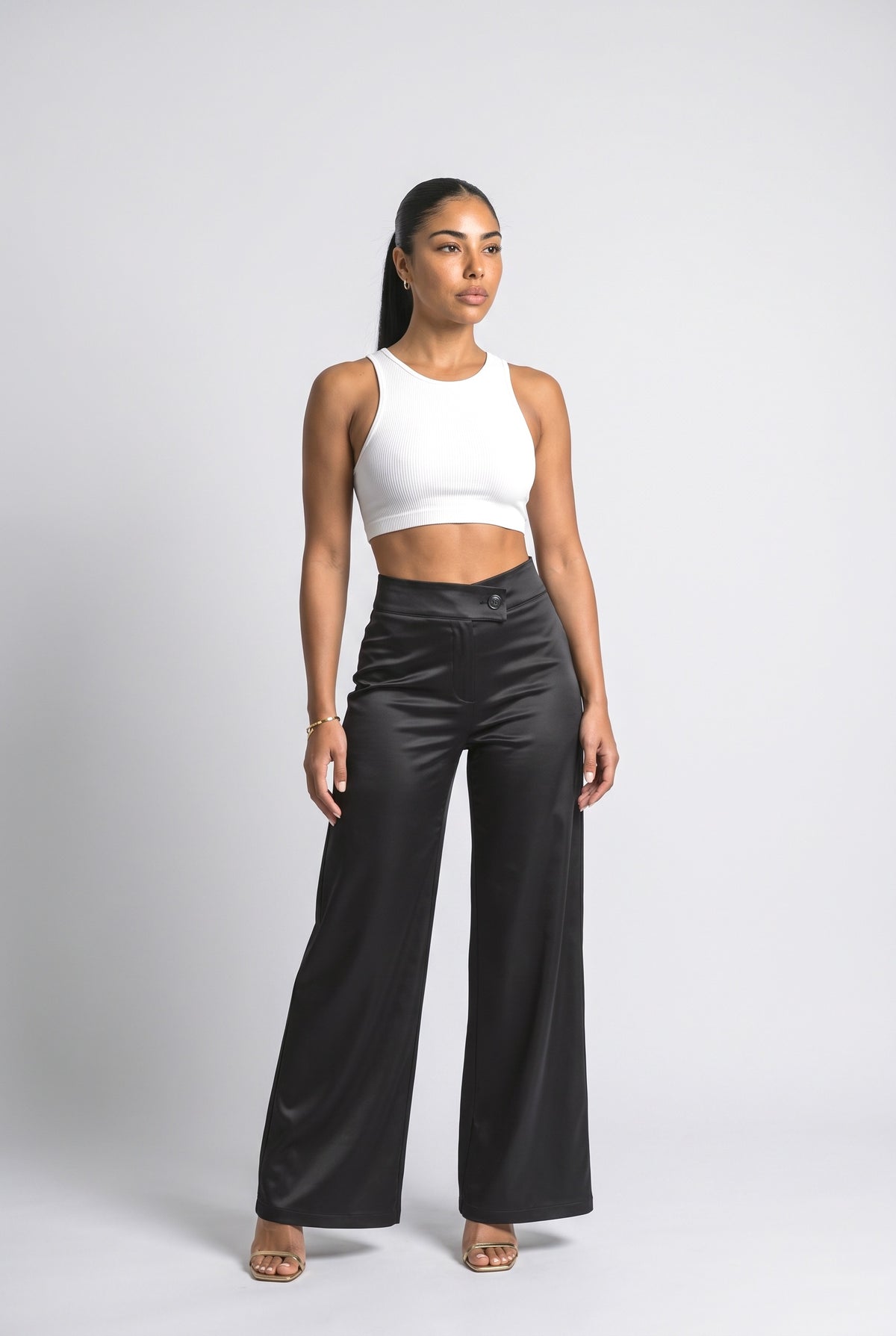 Satin Asymmetric Wide Leg Pants