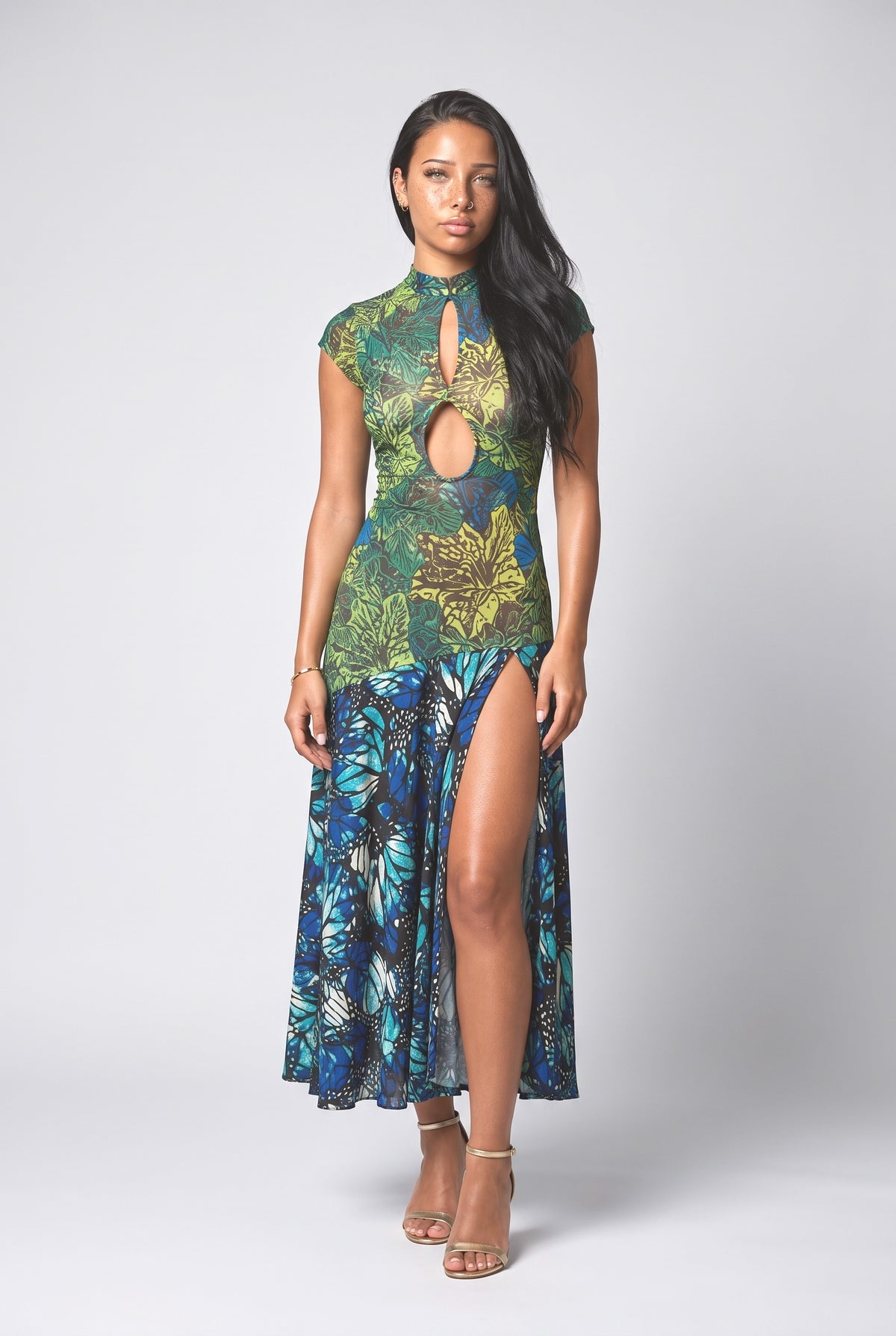 Blue Tropical Cutout Maxi Dress, Blue
