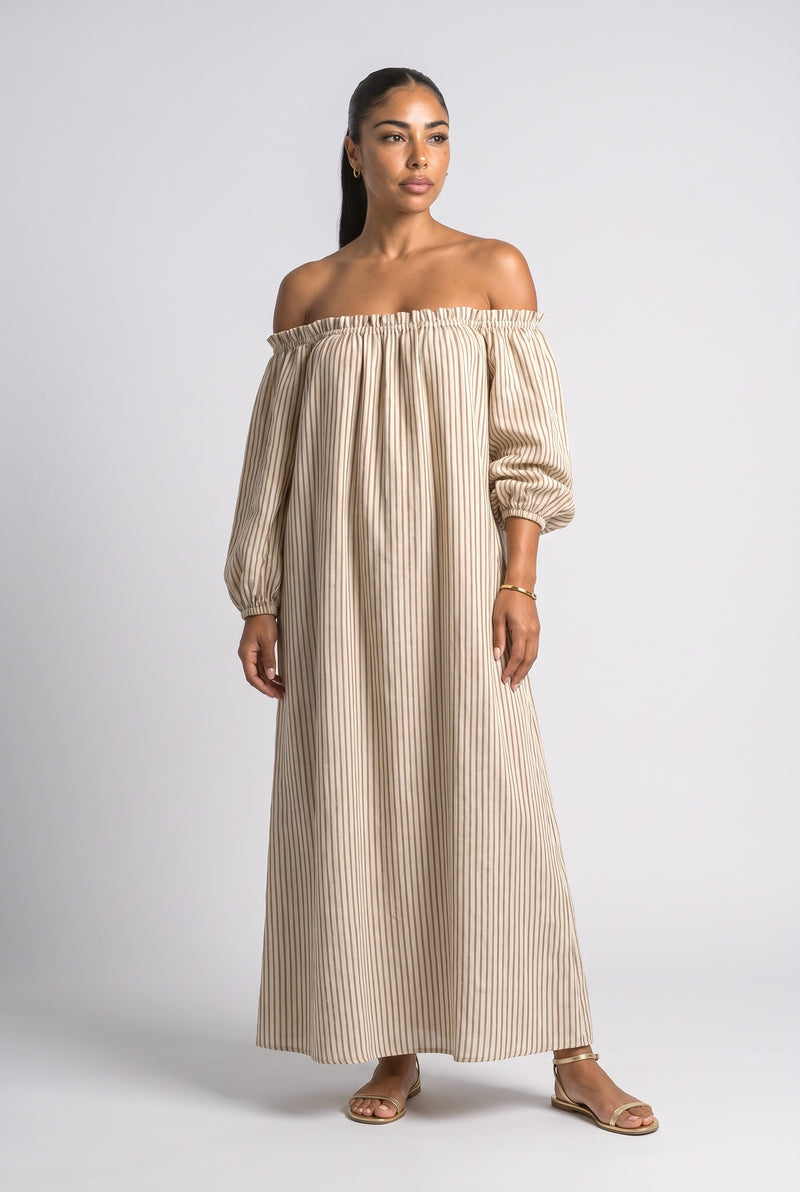 Beige Off-Shoulder Striped Maxi Dress