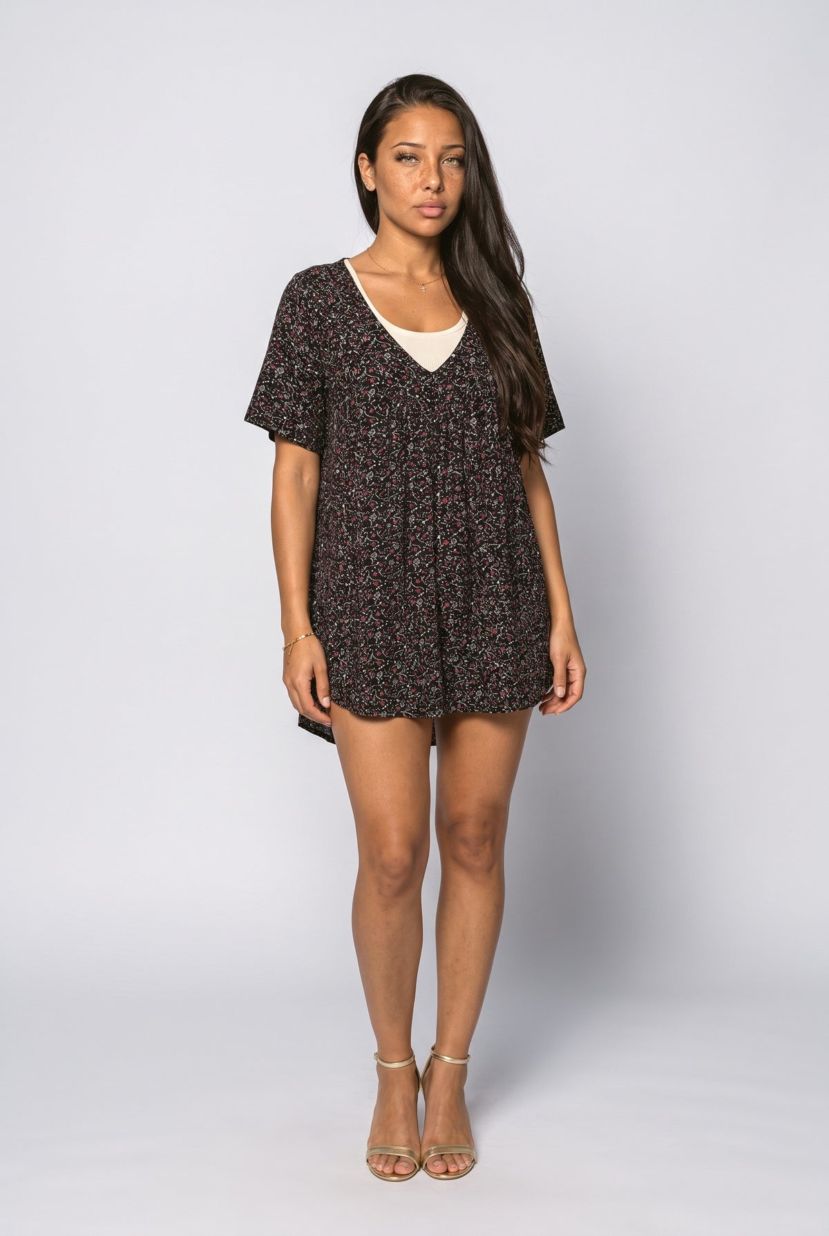 V-Neck Floral Short Sleeve Blouse
