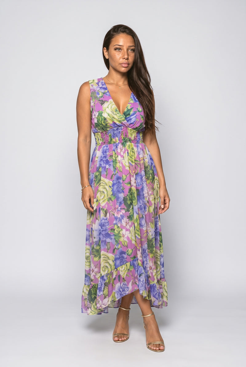 V-Neck Floral Ruffle Maxi Dress