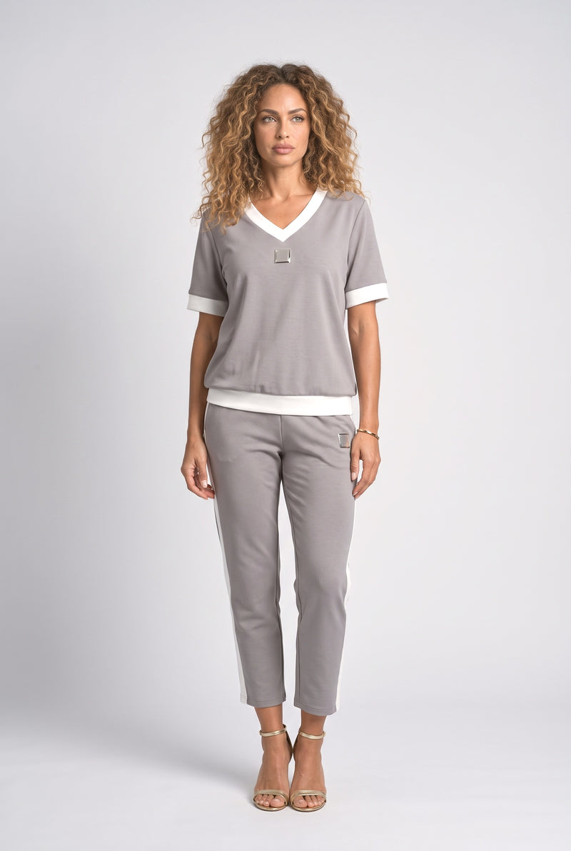 Taupe V-Neck Two Piece Outfit