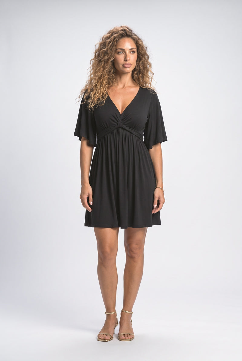 Black Burgundy Red V-Neck Flutter Sleeve Summer Dress