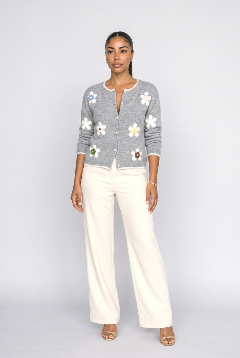 Grey Floral Knit Cardigan