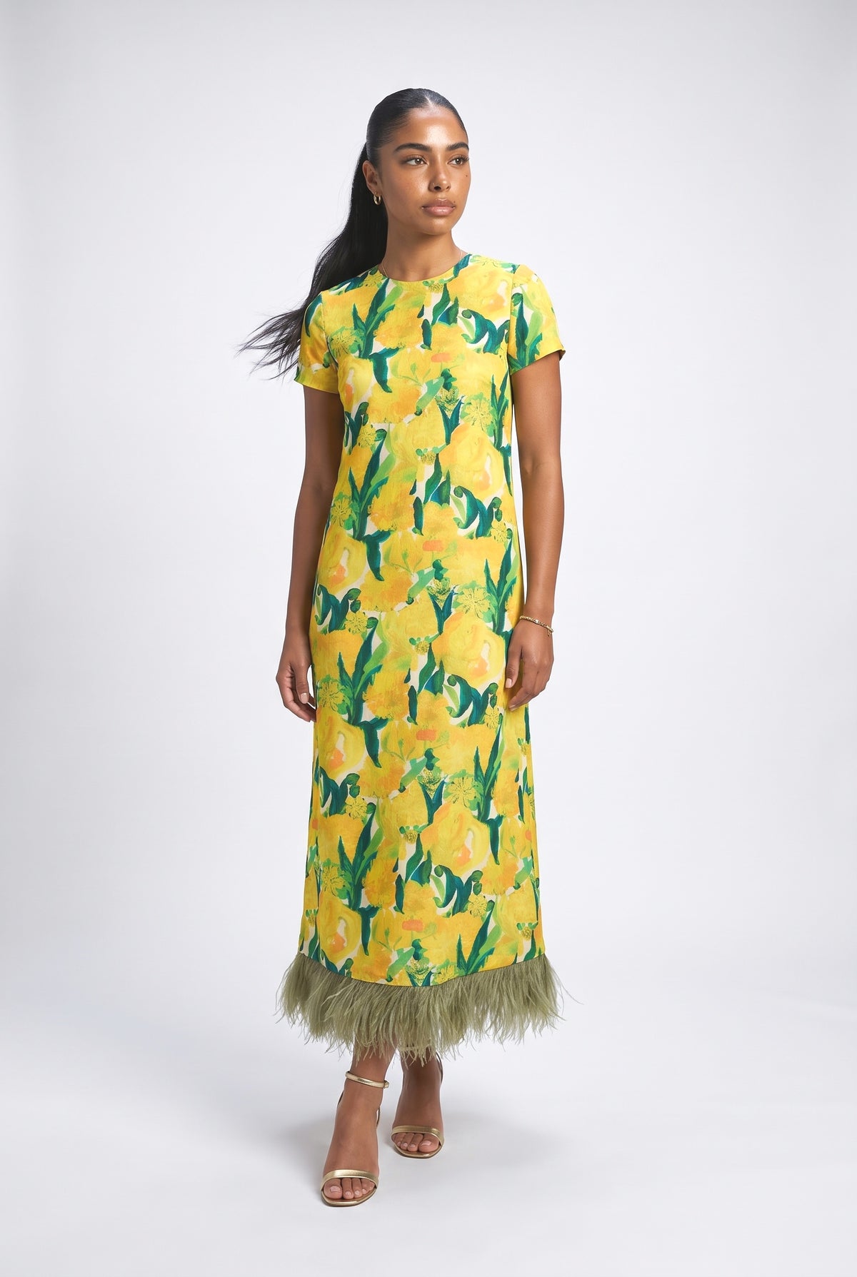 Lemon Blossom Print Feather Hem Midi Dress