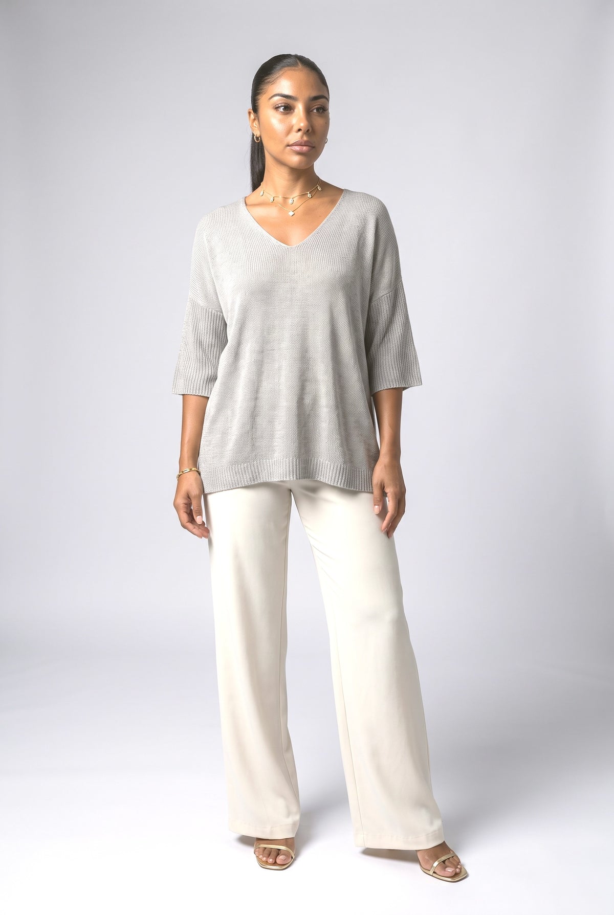 Knit V-Neck Draped Blouse