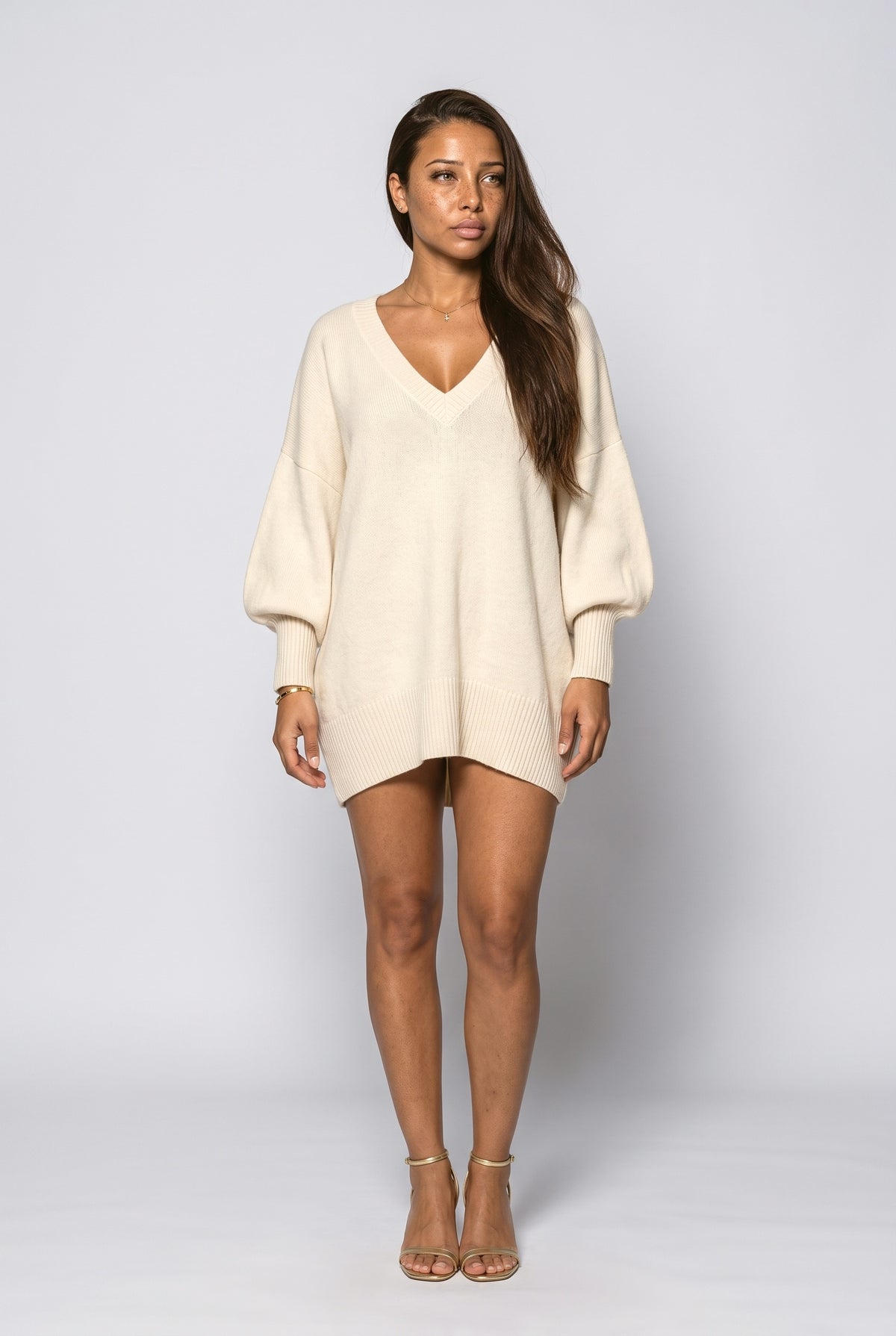 V-Neck Puff Sleeve Oversized Sweater