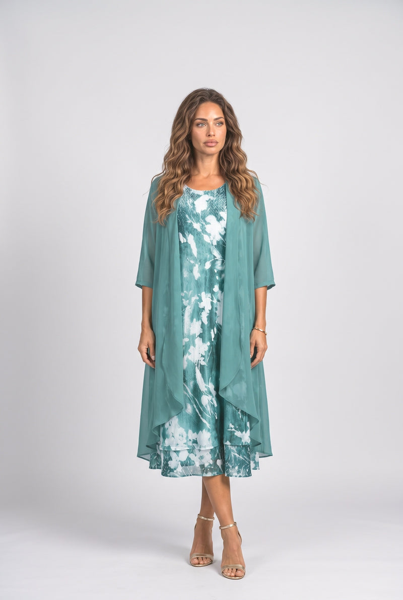 Teal Floral Dress and Cardigan Set