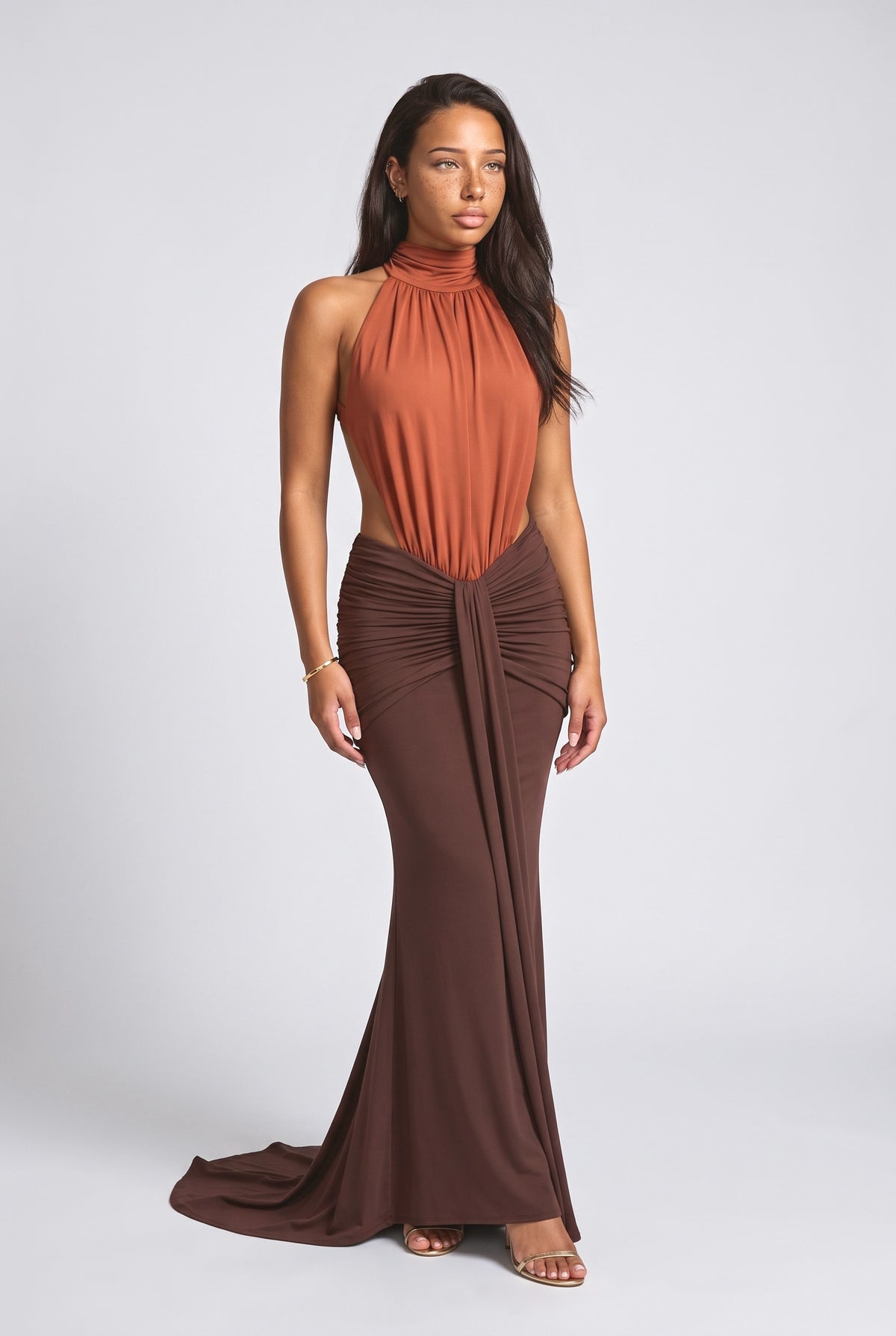 Brown Halter Neck Ruched Maxi Dress, Brown