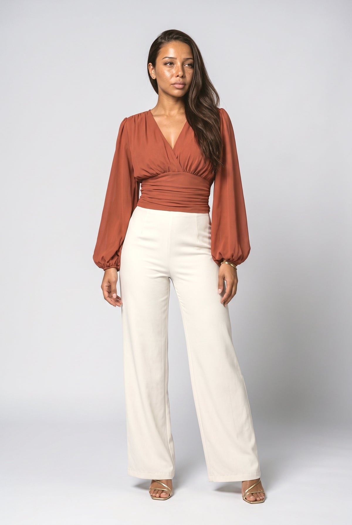 Chiffon Puff Sleeve Ruched Blouse