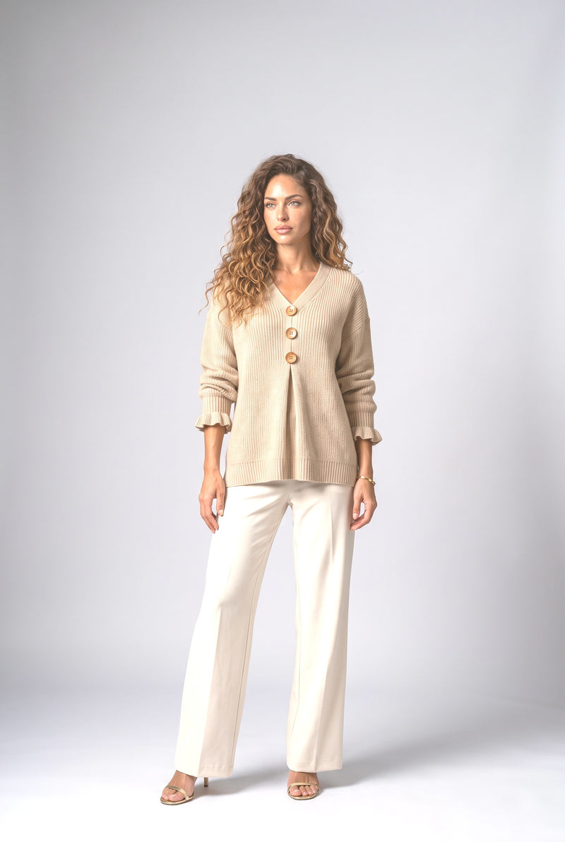 Khaki Knit V-Neck Pullover Sweater