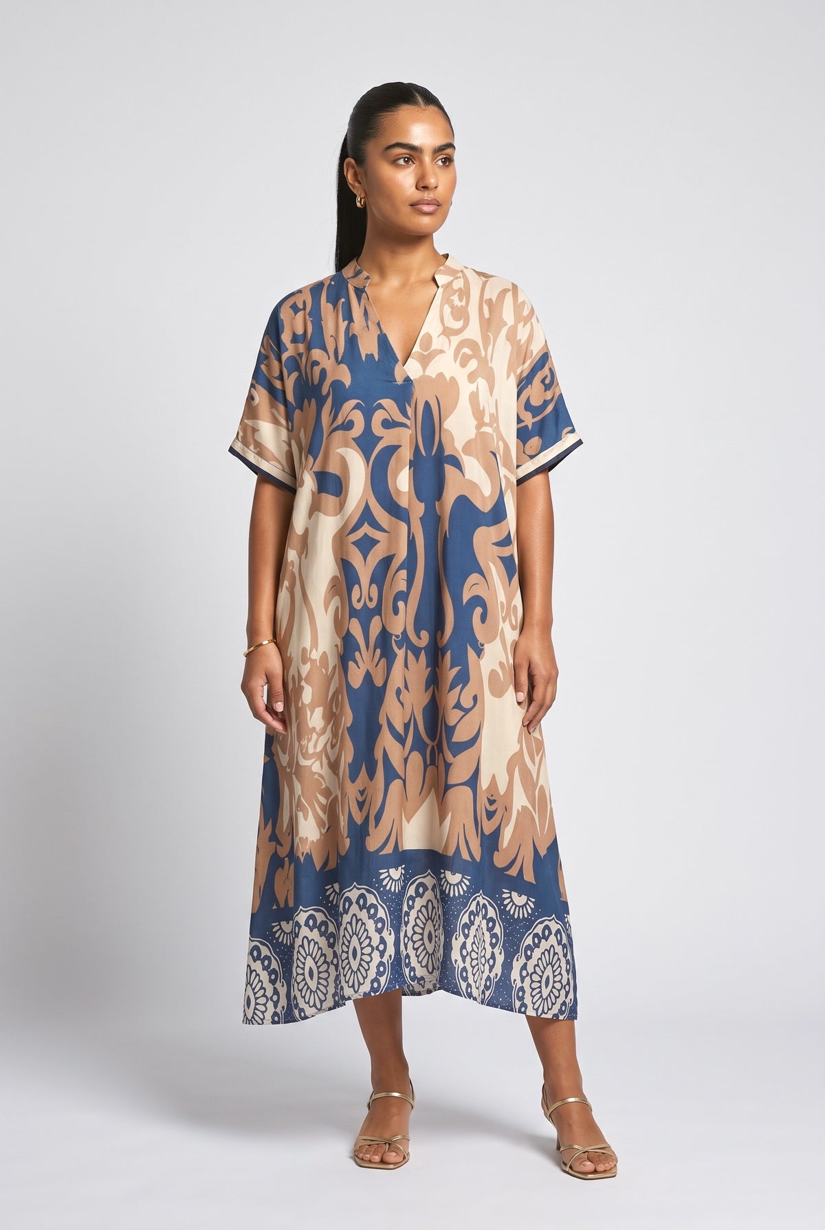 Blue V-Neck Relaxed Midi Dress, Blue