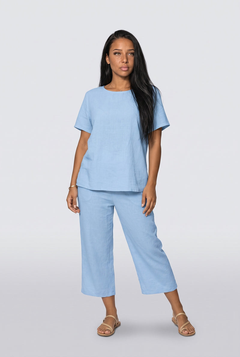Sky Blue Top and Cropped Pants Set