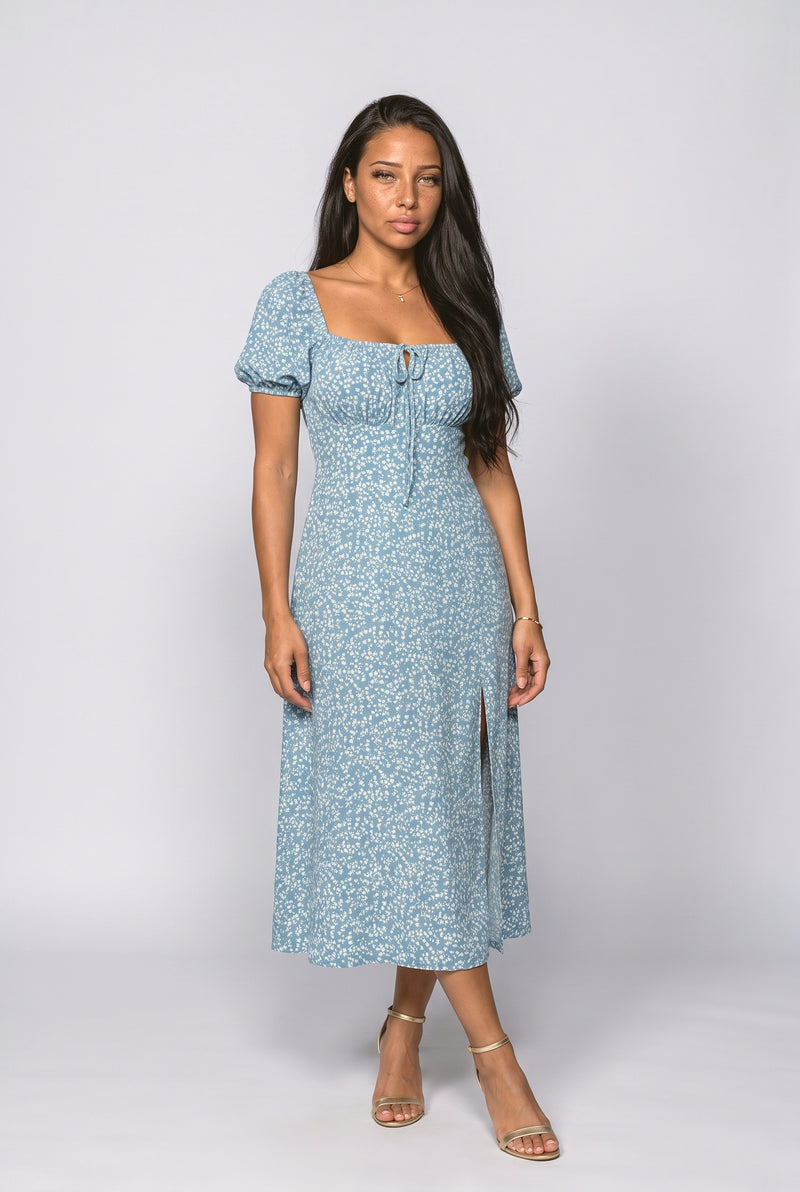 Blue Floral Slit Midi Dress