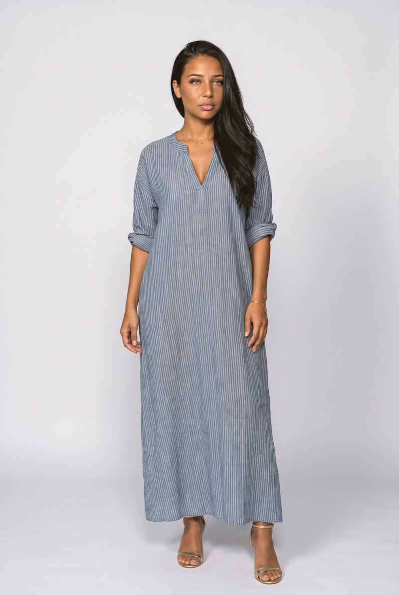 Dusty Blue V-Neck Striped Maxi Dress