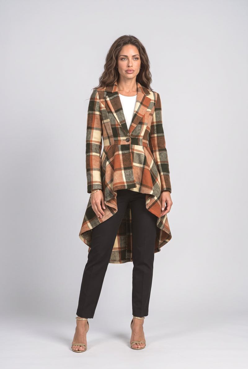 Orange Khaki Plaid Wool Coat