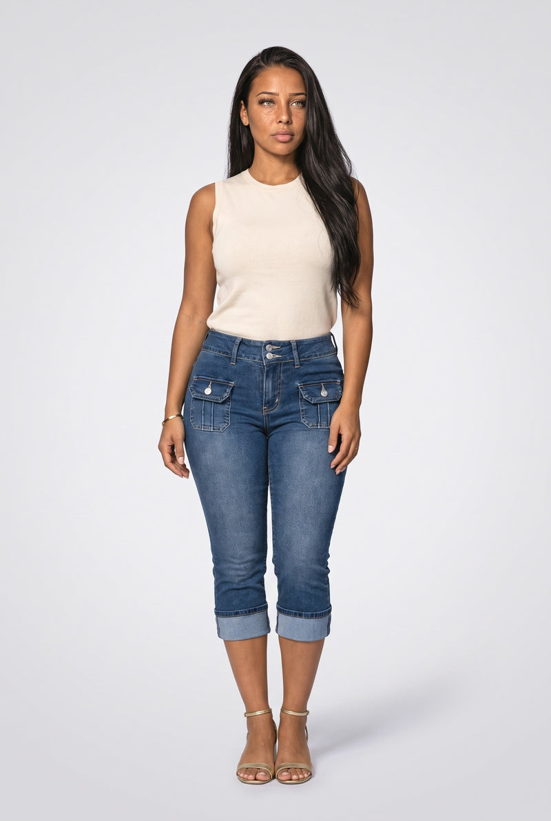 Blue Mid-Rise Cuffed Capri Jeans