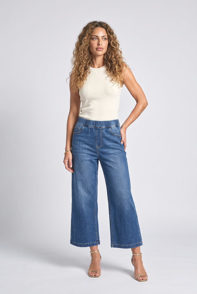 Blue Elastic-Waist Cropped Wide-Leg Jeans