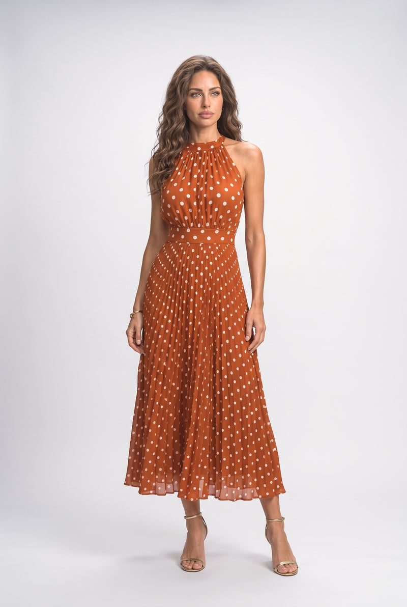 Halter Neck Polka Dot Pleated Midi Dress