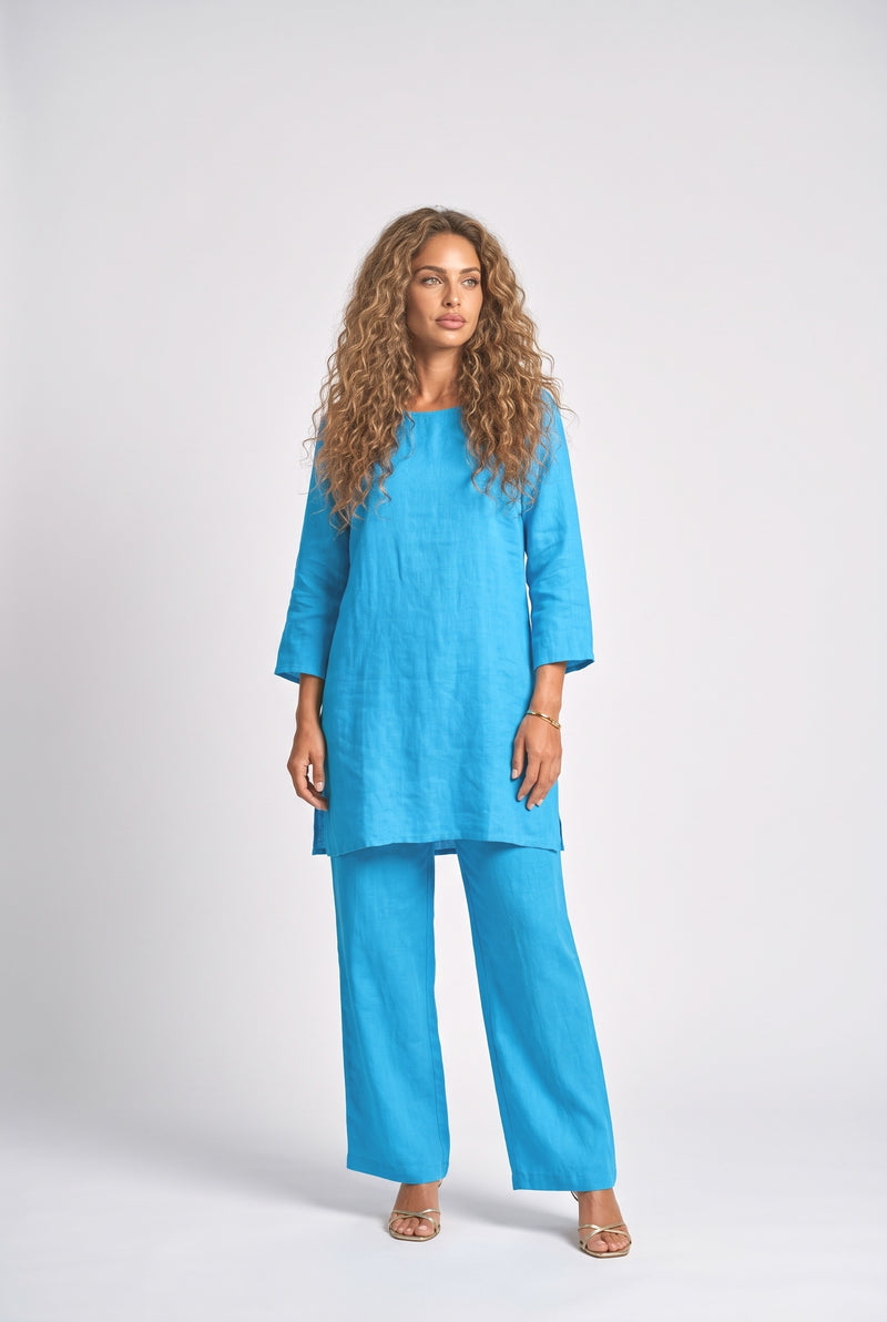 Sky Blue Natural Linen Flowy Two Piece Outfit