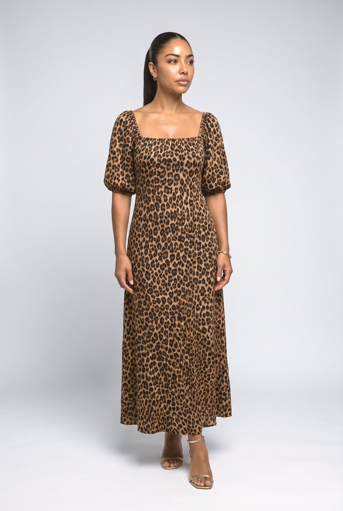 Multicolor Square Neck Leopard Maxi Dress, Leopard Print