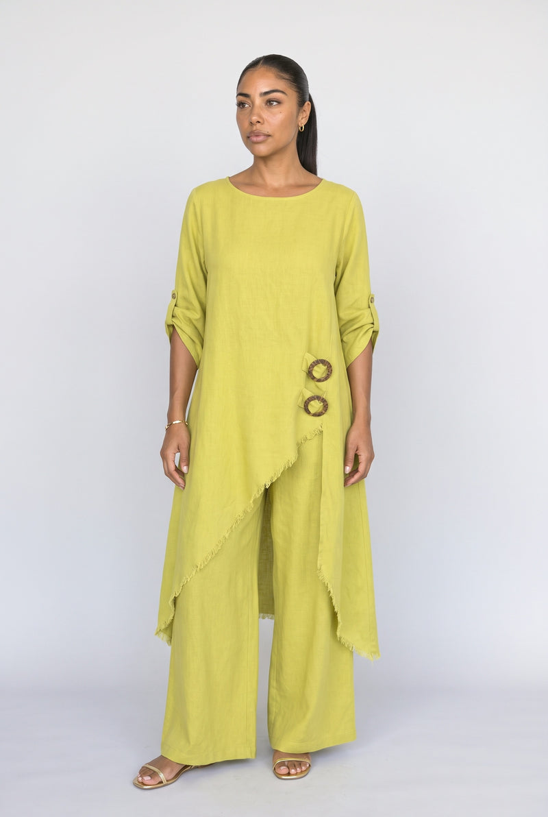 Chartreuse Linen Asymmetric Two Piece Outfit