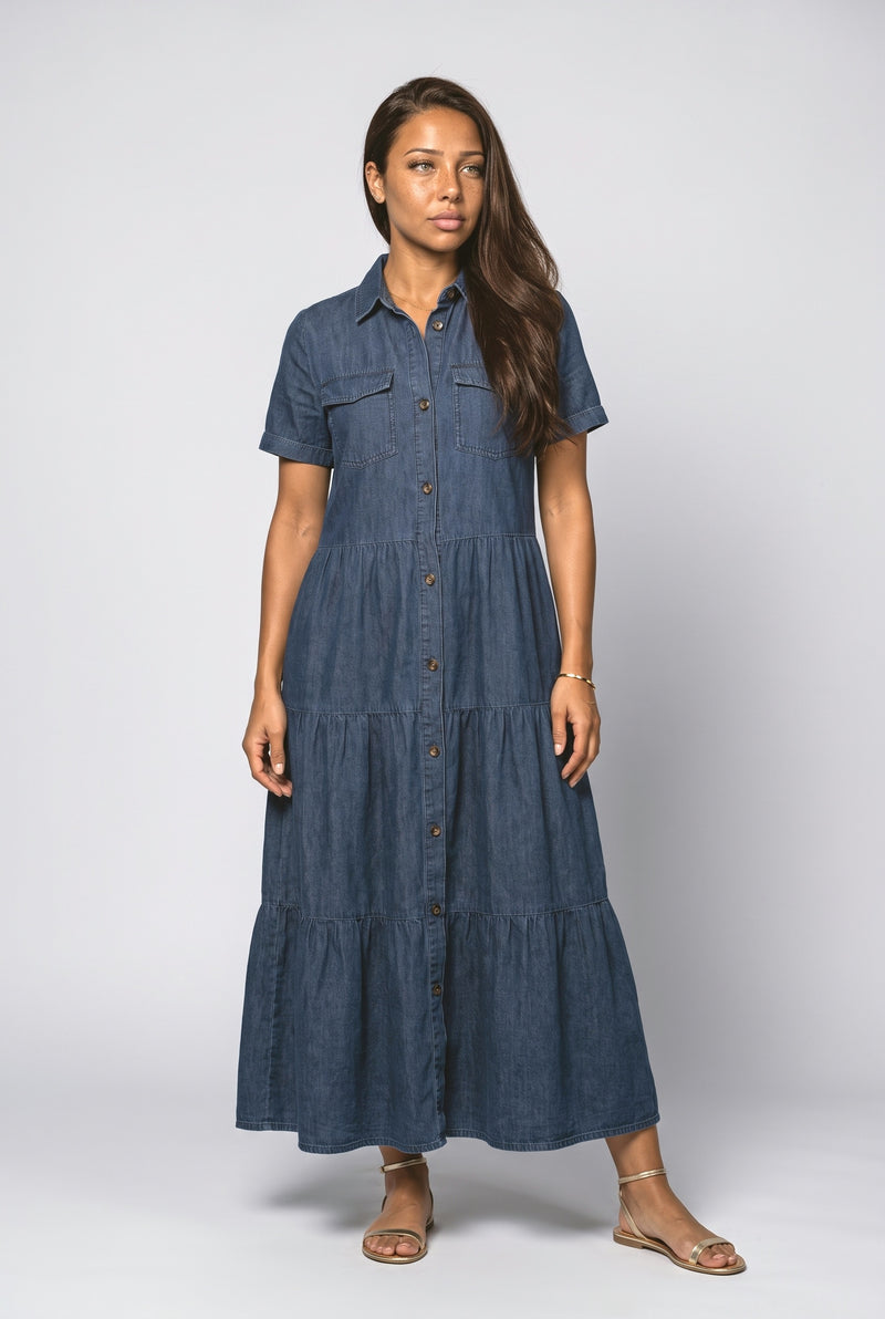 Denim Tiered Maxi Dress