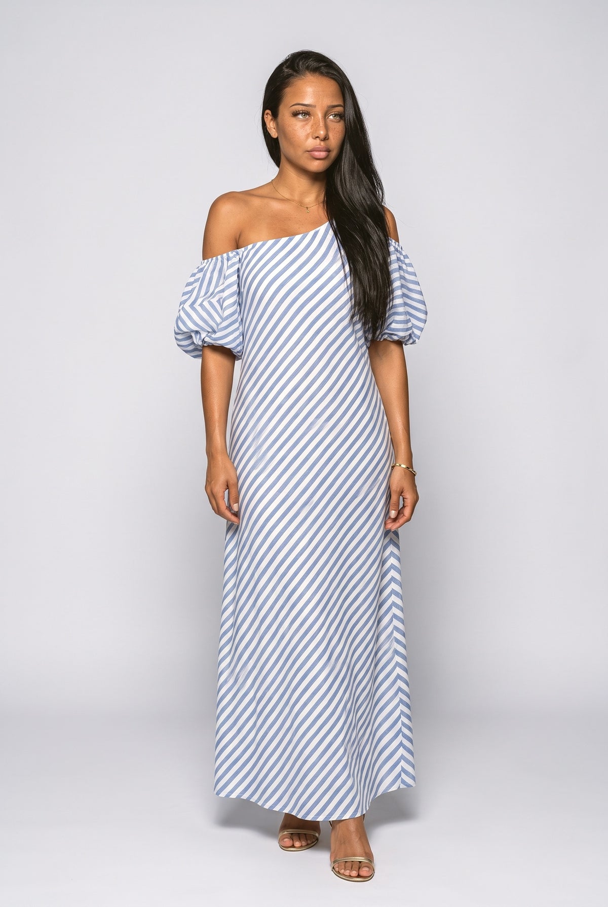 Off-Shoulder Striped Maxi Dress