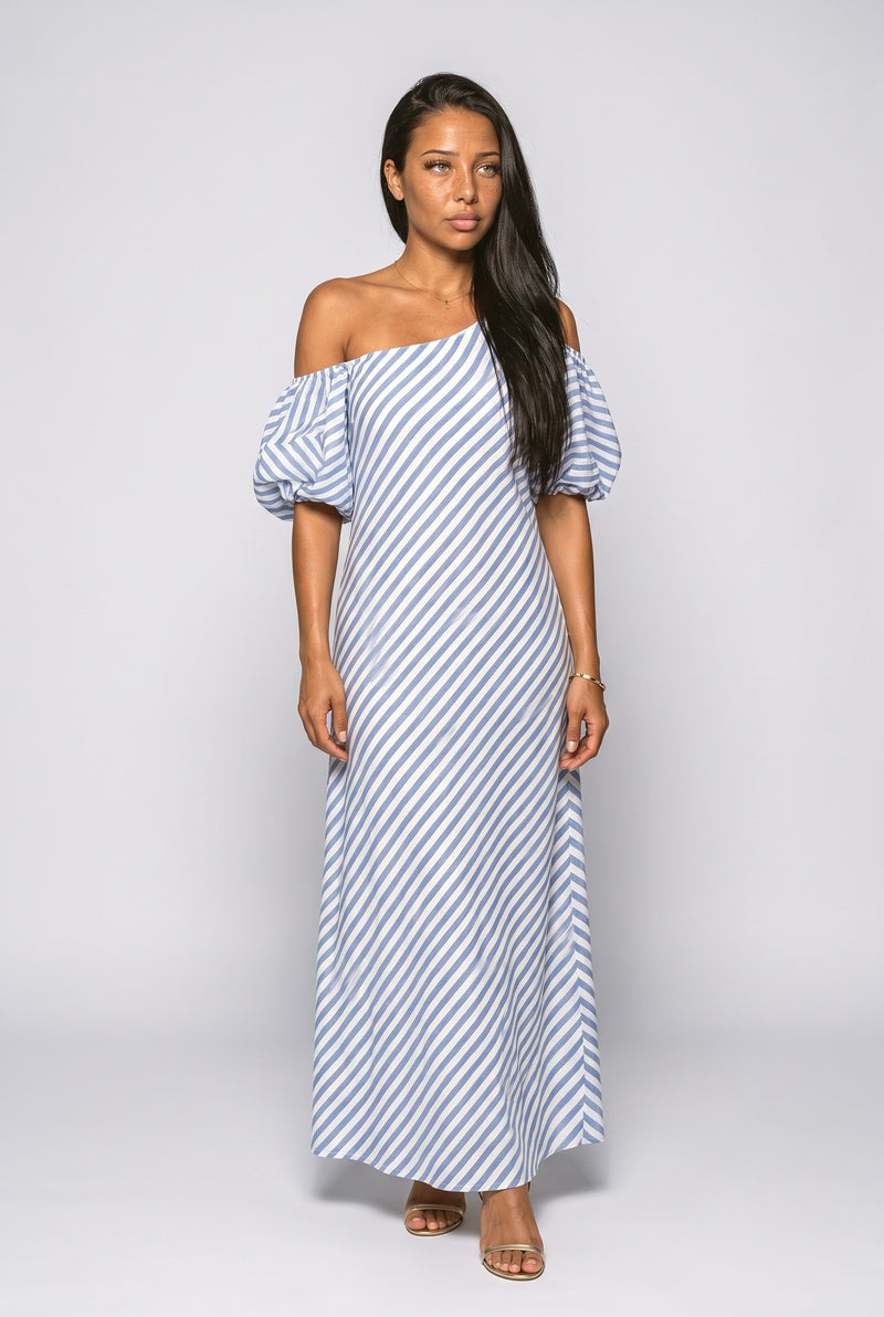 Coastal Blue Off-Shoulder Striped Maxi Dress