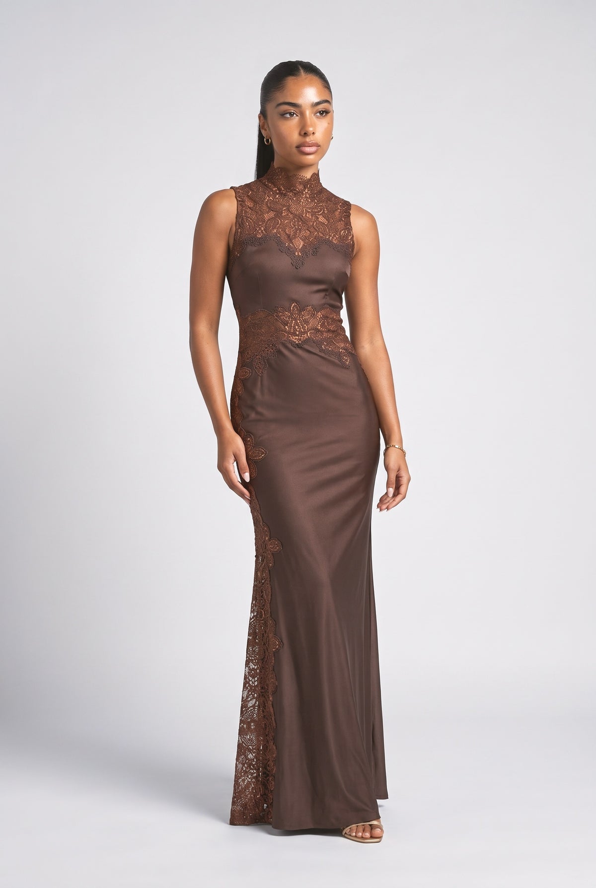Brown Satin Maxi Dress, Brown