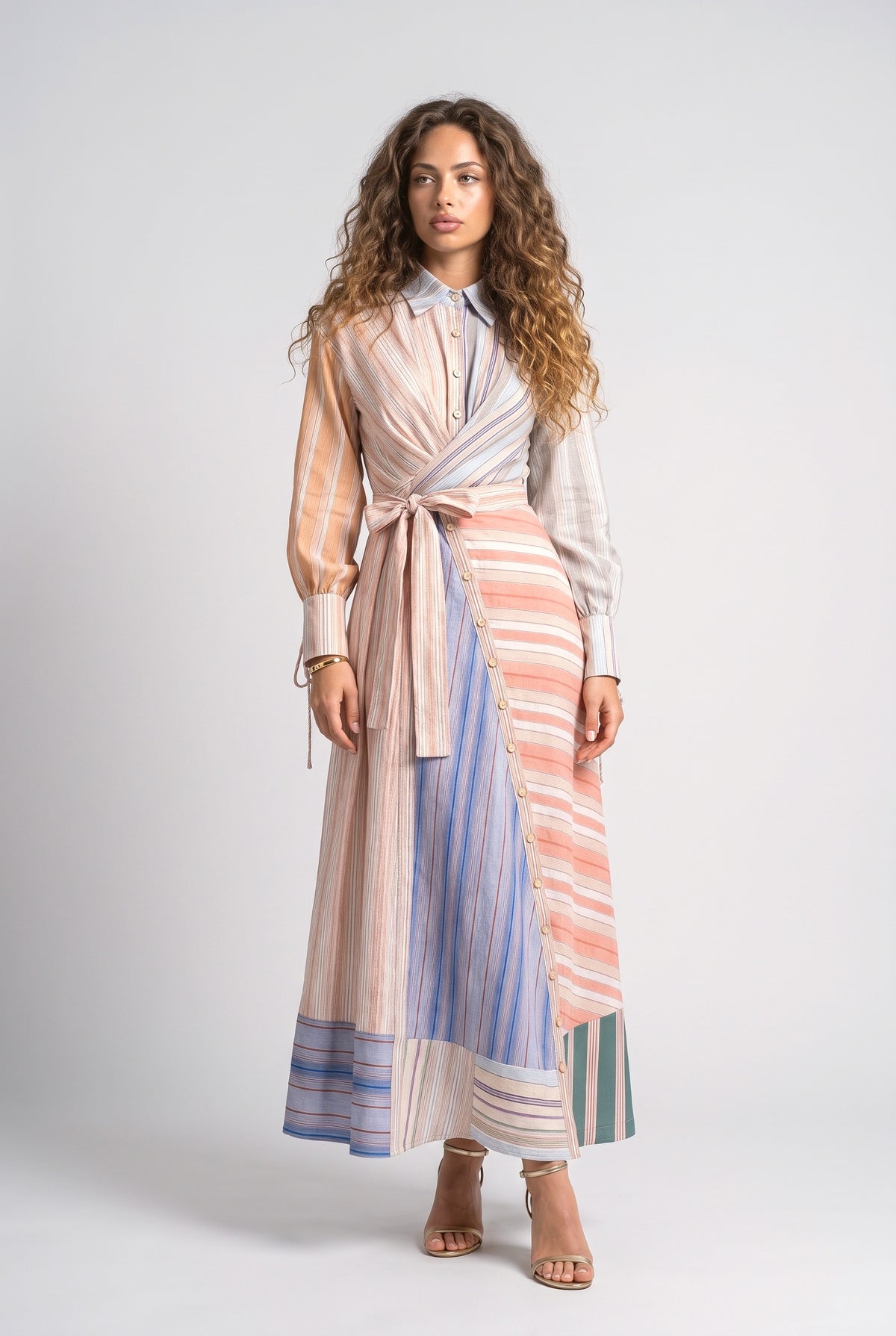 Multicolor Patchwork Stripe Print Long Sleeve Tie Maxi Shirt Dress