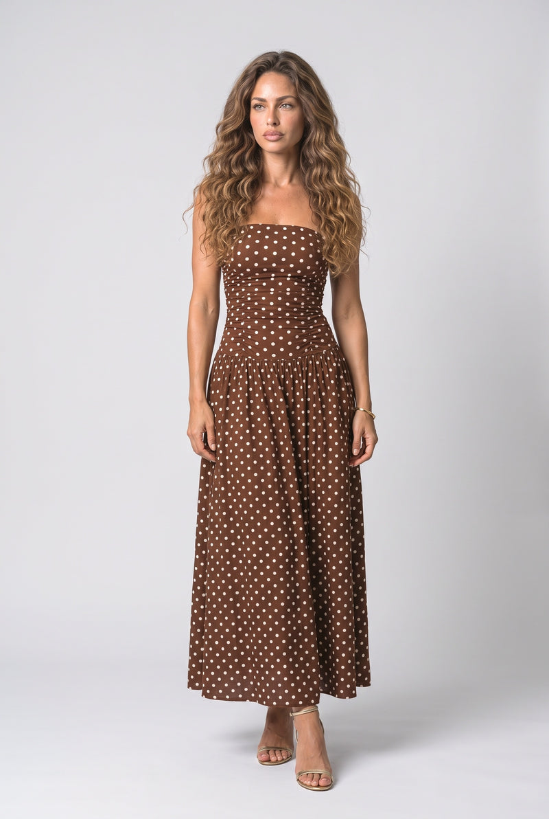 Strapless Polka Dot Ruched Maxi Dress
