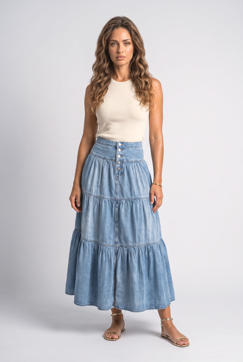 Light Blue Wash Denim A-Line Maxi Skirt