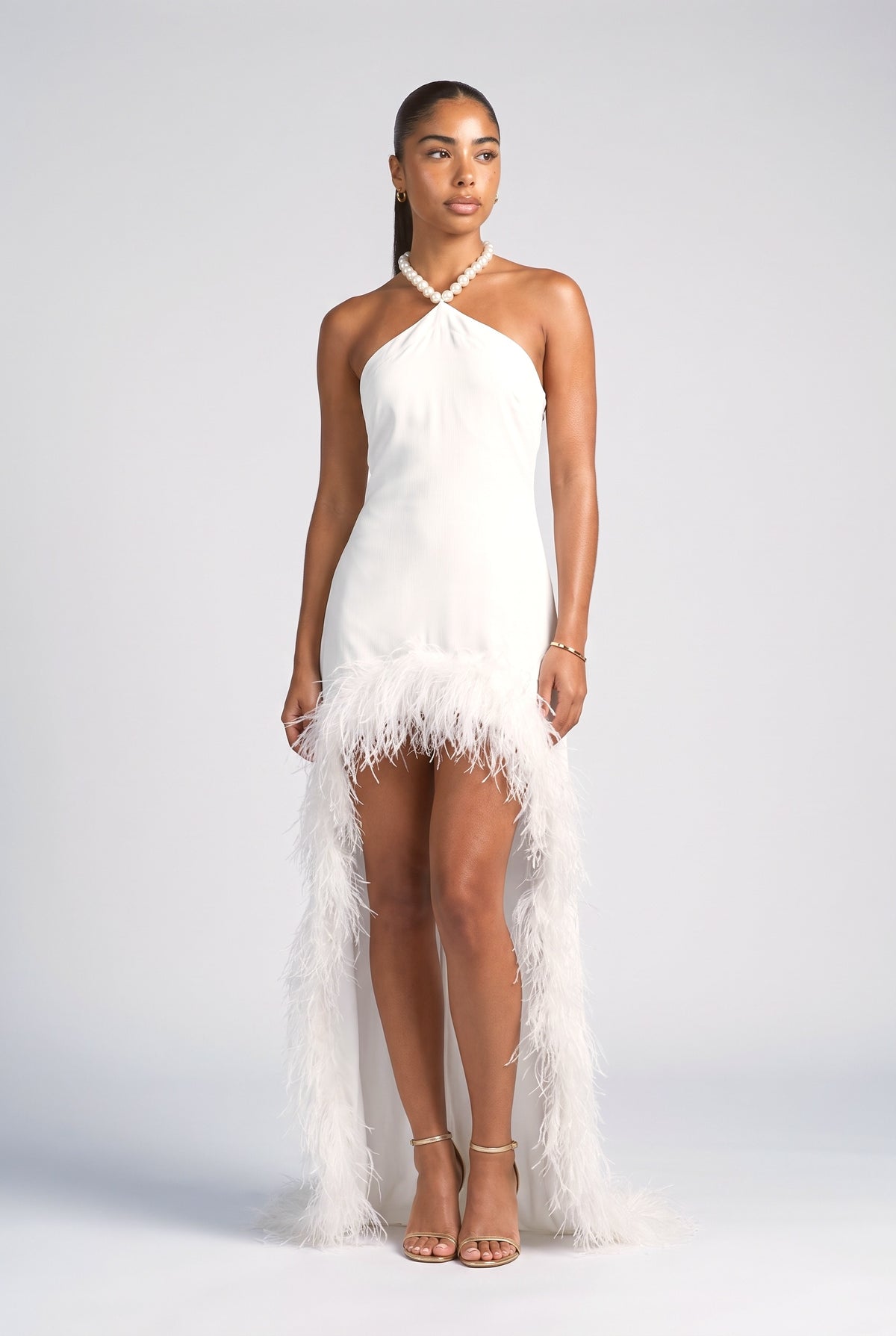 White Halter Neck Feather Trim Maxi Dress, White