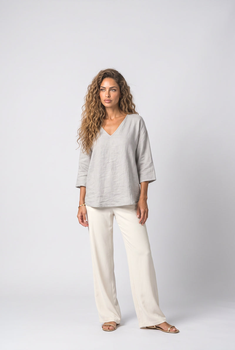 White Blue V-Neck Blouse