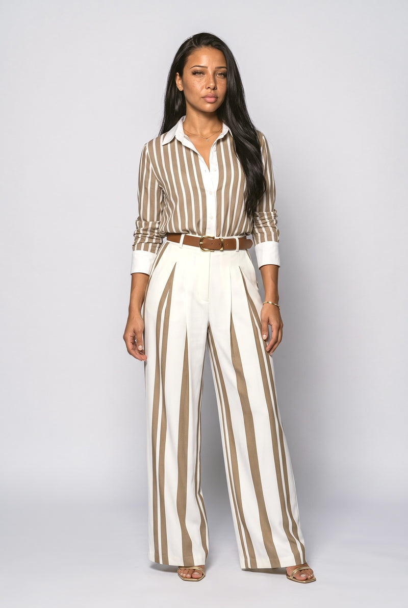 Brown-White Striped Two Piece Outfit