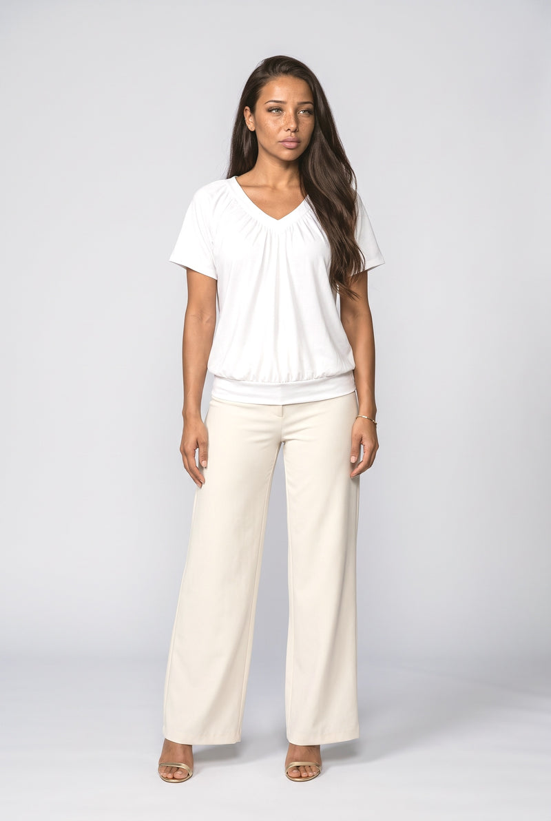 White V-Neck Pleated Blouse