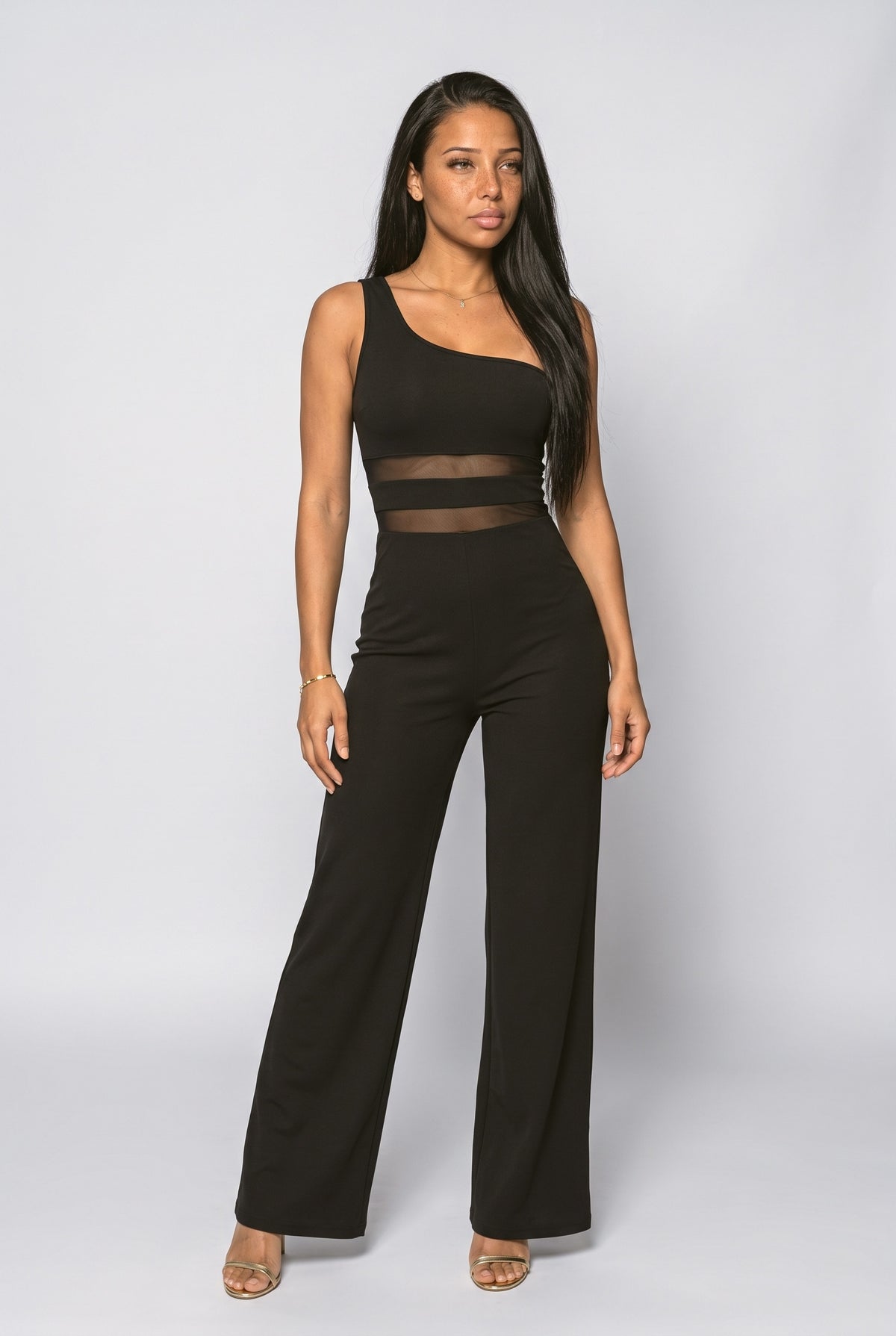 Black Mesh One-Shoulder Jumpsuit, Black