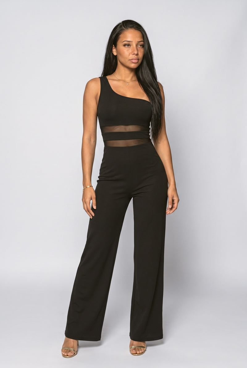 Black Mesh One-Shoulder Jumpsuit