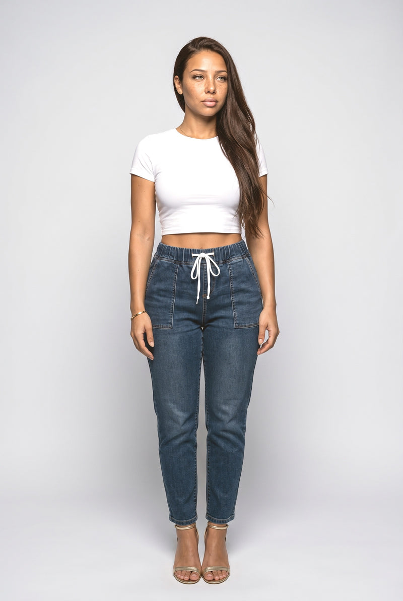 Blue Drawstring Tapered Jeans