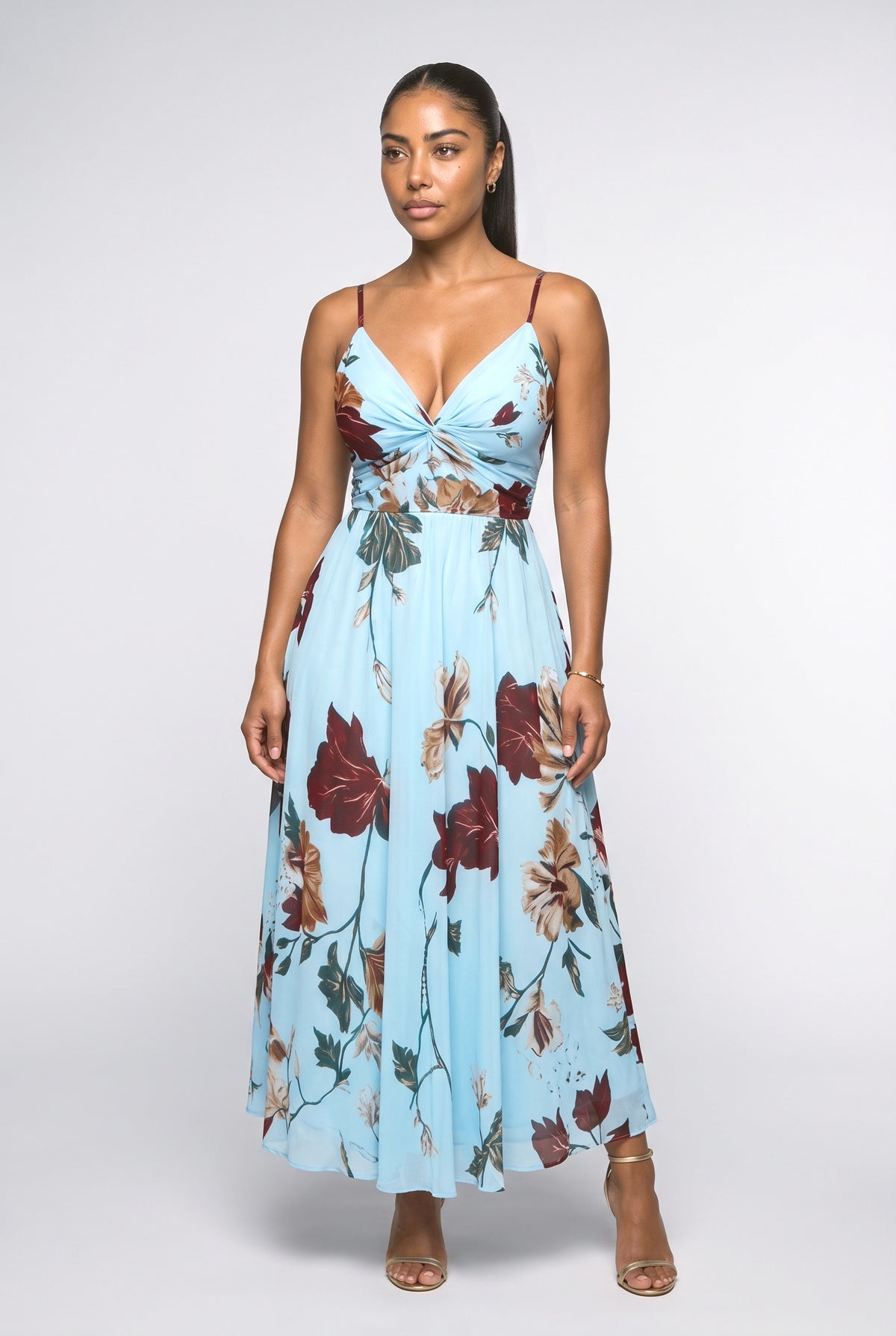 V-Neck Floral Strappy Maxi Dress